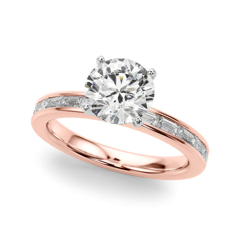 Rose gold Round Solitaire Diamond Ring with Channel-Set Baguette Band and Four-Prong Setting