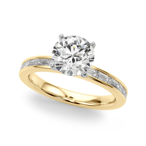 Yellow gold Round Solitaire Diamond Ring with Channel-Set Baguette Band and Four-Prong Setting