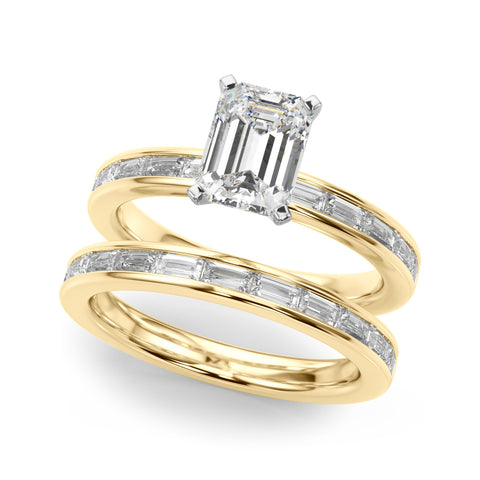 Yellow gold Emerald Solitaire Diamond Ring with Channel-Set Baguette Band and Four-Prong Setting