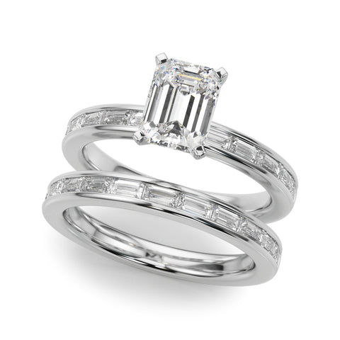 White gold Emerald Solitaire Diamond Ring with Channel-Set Baguette Band and Four-Prong Setting