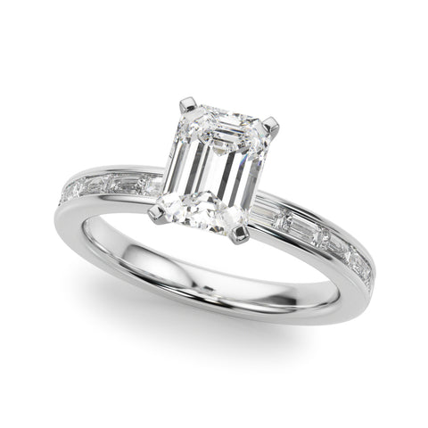 White gold Emerald Solitaire Diamond Ring with Channel-Set Baguette Band and Four-Prong Setting