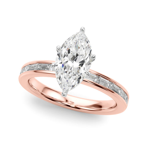 Rose gold Marquise Solitaire Diamond Ring with Channel-Set Baguette Band and Four-Prong Setting