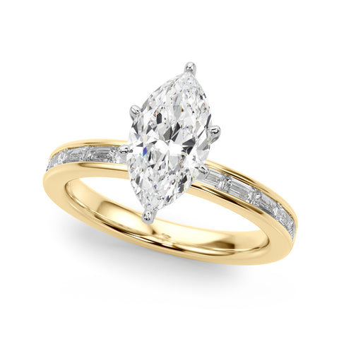 Yellow gold Marquise Solitaire Diamond Ring with Channel-Set Baguette Band and Four-Prong Setting