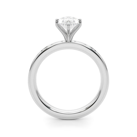 White gold Marquise Solitaire Diamond Ring with Channel-Set Baguette Band and Four-Prong Setting