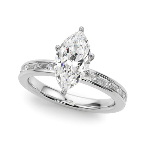 White gold Marquise Solitaire Diamond Ring with Channel-Set Baguette Band and Four-Prong Setting