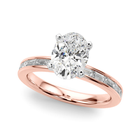 Rose gold Oval Solitaire Diamond Ring with Channel-Set Baguette Band and Four-Prong Setting