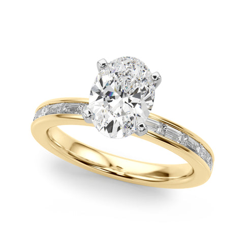 Yellow gold Oval Solitaire Diamond Ring with Channel-Set Baguette Band and Four-Prong Setting