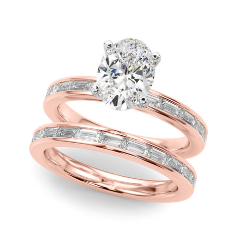 Rose gold Oval Solitaire Diamond Ring with Channel-Set Baguette Band and Four-Prong Setting