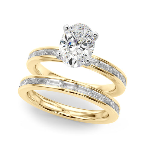 Yellow gold Oval Solitaire Diamond Ring with Channel-Set Baguette Band and Four-Prong Setting