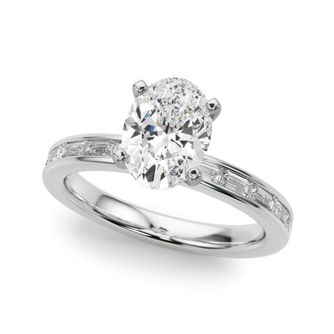 White gold Oval Solitaire Diamond Ring with Channel-Set Baguette Band and Four-Prong Setting