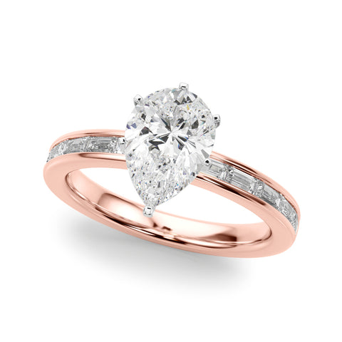 Rose gold Pear Solitaire Diamond Ring with Channel-Set Baguette Band and Four-Prong Setting