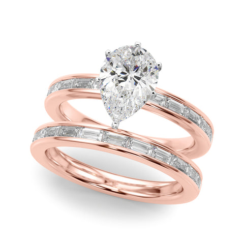 Rose gold Pear Solitaire Diamond Ring with Channel-Set Baguette Band and Four-Prong Setting