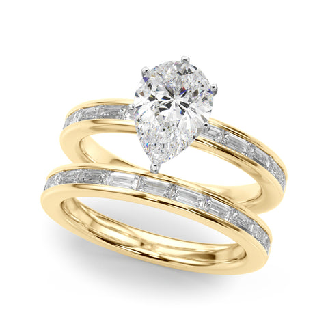 Yellow gold Pear Solitaire Diamond Ring with Channel-Set Baguette Band and Four-Prong Setting