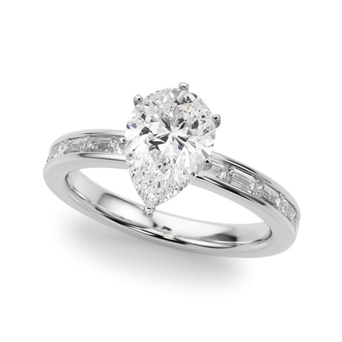 White gold Pear Solitaire Diamond Ring with Channel-Set Baguette Band and Four-Prong Setting