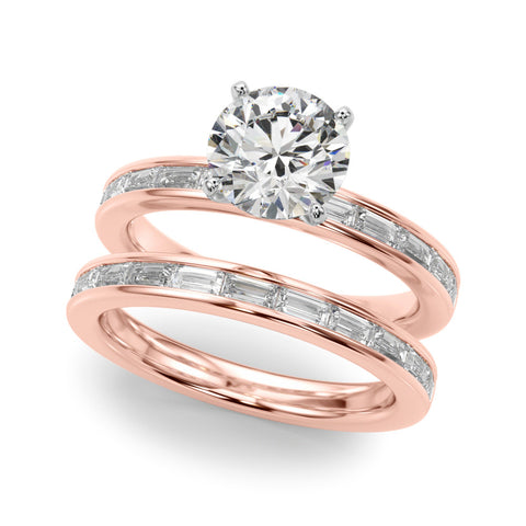 Rose gold Round Solitaire Diamond Ring with Channel-Set Baguette Band and Four-Prong Setting