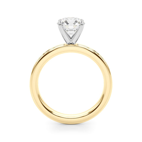 Yellow gold Round Solitaire Diamond Ring with Channel-Set Baguette Band and Four-Prong Setting