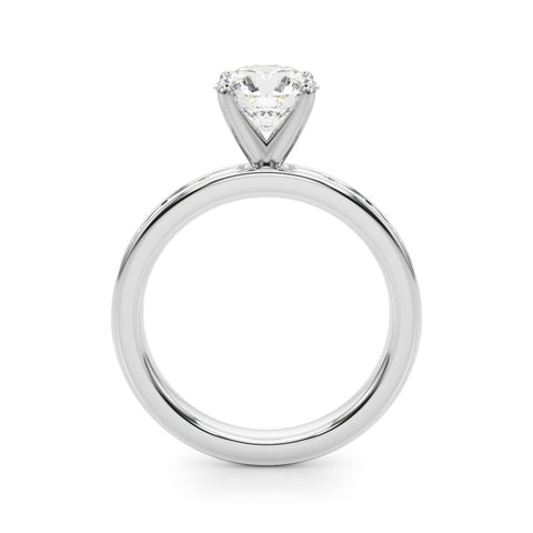 White gold Round Solitaire Diamond Ring with Channel-Set Baguette Band and Four-Prong Setting