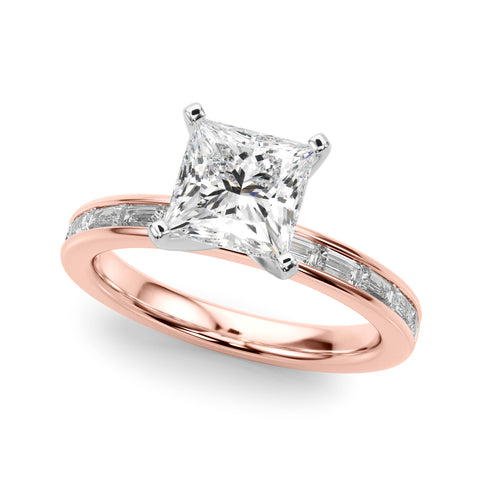 Rose gold Princess Solitaire Diamond Ring with Channel-Set Baguette Band and Four-Prong Setting