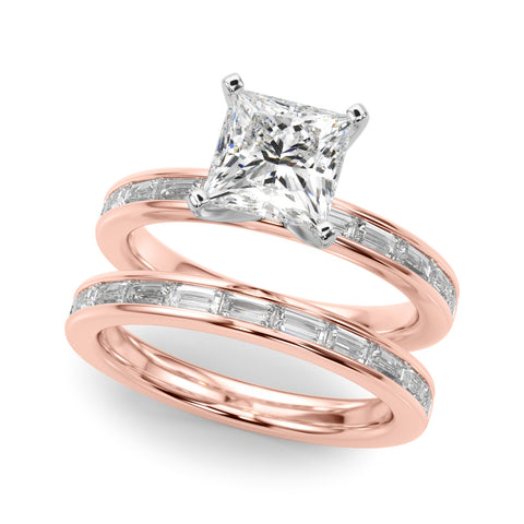 Rose gold Princess Solitaire Diamond Ring with Channel-Set Baguette Band and Four-Prong Setting