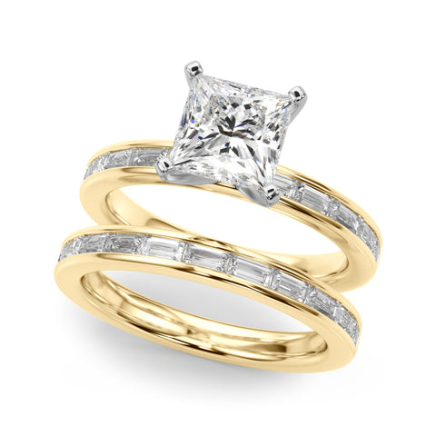 Yellow gold Princess Solitaire Diamond Ring with Channel-Set Baguette Band and Four-Prong Setting