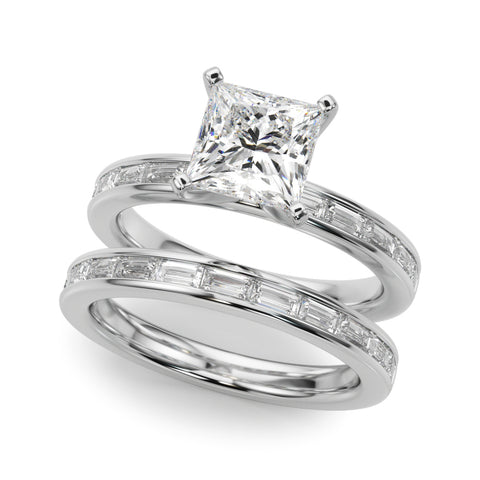 White gold Princess Solitaire Diamond Ring with Channel-Set Baguette Band and Four-Prong Setting