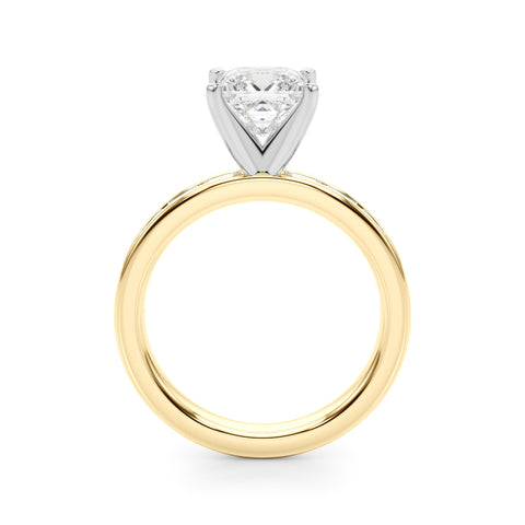 Yellow gold Princess Solitaire Diamond Ring with Channel-Set Baguette Band and Four-Prong Setting