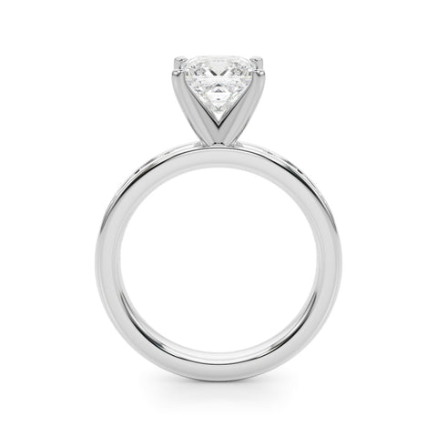 White gold Princess Solitaire Diamond Ring with Channel-Set Baguette Band and Four-Prong Setting