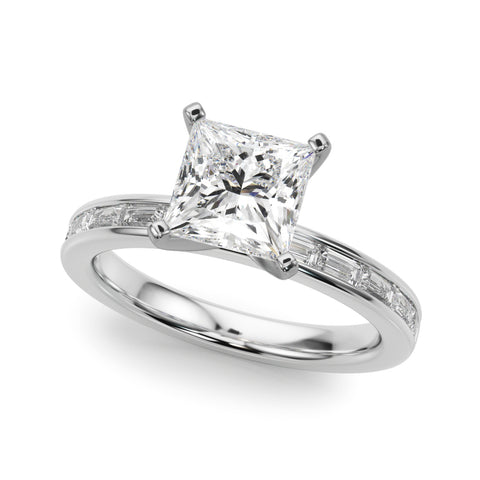 White gold Princess Solitaire Diamond Ring with Channel-Set Baguette Band and Four-Prong Setting