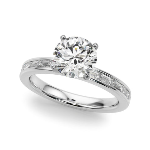 White gold Round Solitaire Diamond Ring with Channel-Set Baguette Band and Four-Prong Setting