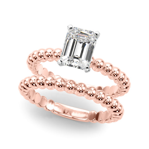 Rose gold Emerald Solitaire Beaded Band Prong Setting Ring