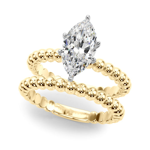 Yellow gold Marquise Solitaire Beaded Band Prong Setting Ring