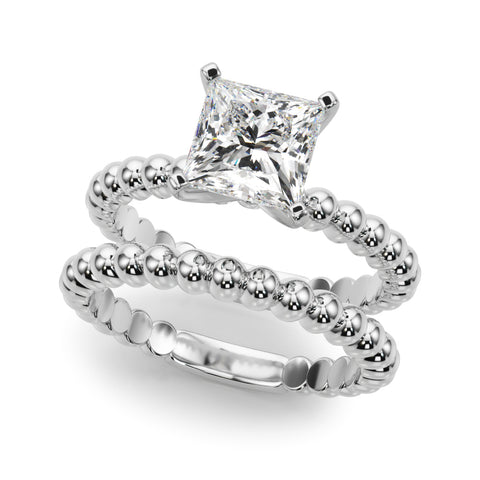 White gold Princess Solitaire Beaded Band Prong Setting Ring