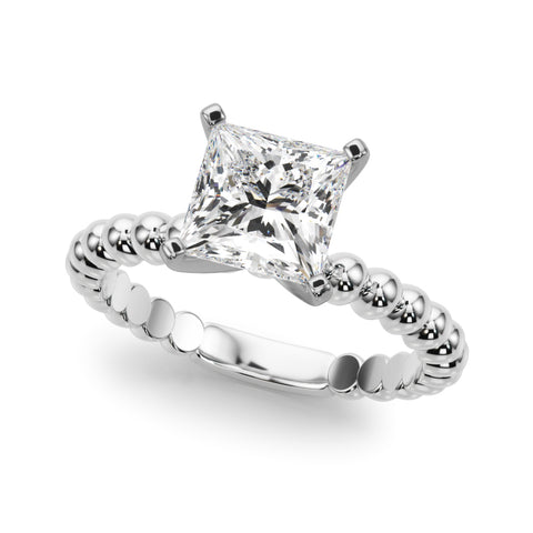 White gold Princess Solitaire Beaded Band Prong Setting Ring