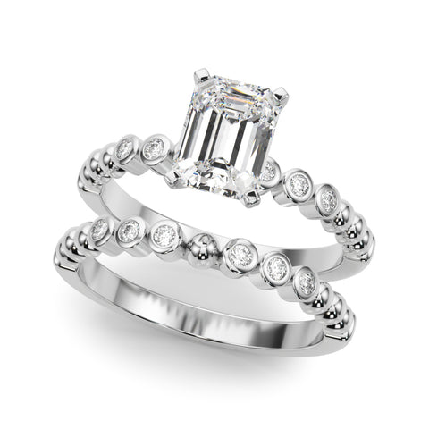 White gold Emerald Solitaire Bezel Accent Diamond Engagement Ring with Beaded Band and Four-Prong Setting