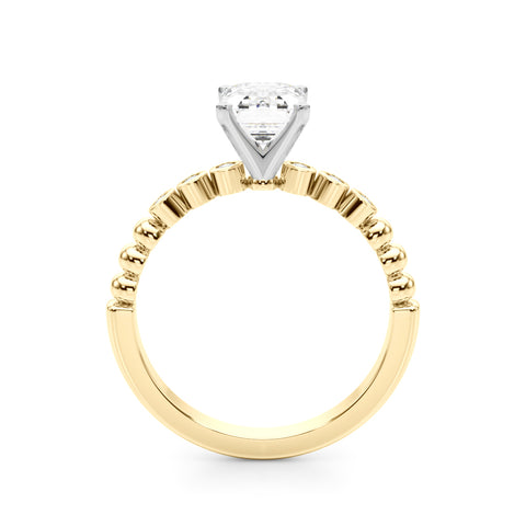 Yellow gold Emerald Solitaire Bezel Accent Diamond Engagement Ring with Beaded Band and Four-Prong Setting