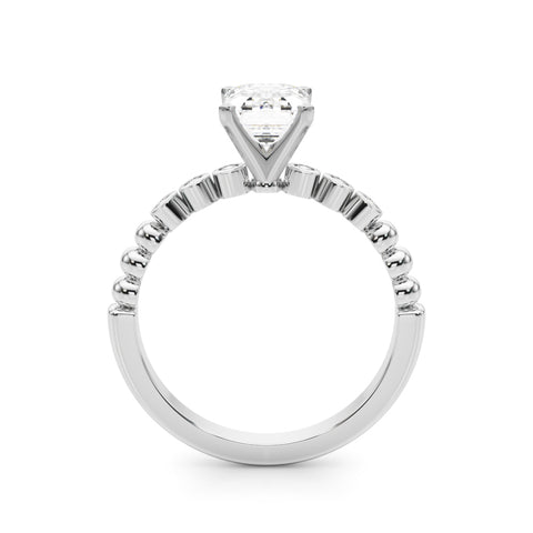 White gold Emerald Solitaire Bezel Accent Diamond Engagement Ring with Beaded Band and Four-Prong Setting
