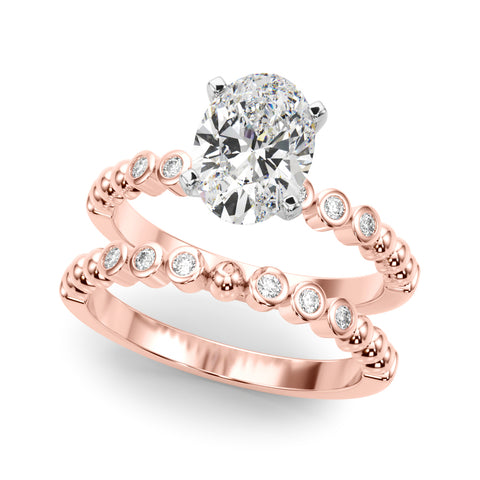 Rose gold Oval Solitaire Bezel Accent Diamond Engagement Ring with Beaded Band and Four-Prong Setting
