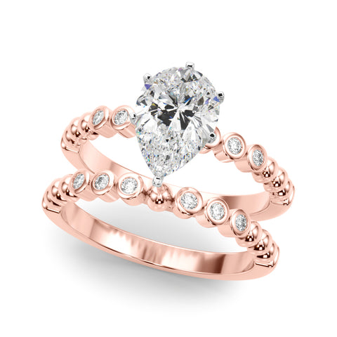 Rose gold Pear Solitaire Bezel Accent Diamond Engagement Ring with Beaded Band and Four-Prong Setting