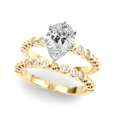 Yellow gold Pear Solitaire Bezel Accent Diamond Engagement Ring with Beaded Band and Four-Prong Setting