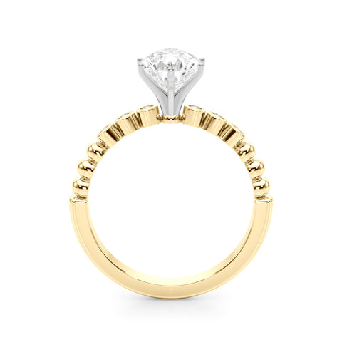 Yellow gold Pear Solitaire Bezel Accent Diamond Engagement Ring with Beaded Band and Four-Prong Setting