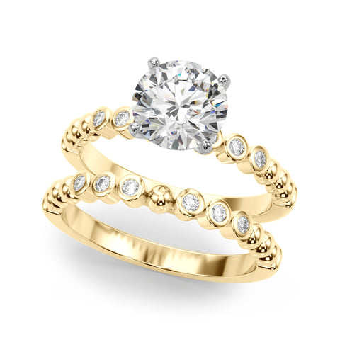 Yellow gold Round Solitaire Bezel Accent Diamond Engagement Ring with Beaded Band and Four-Prong Setting