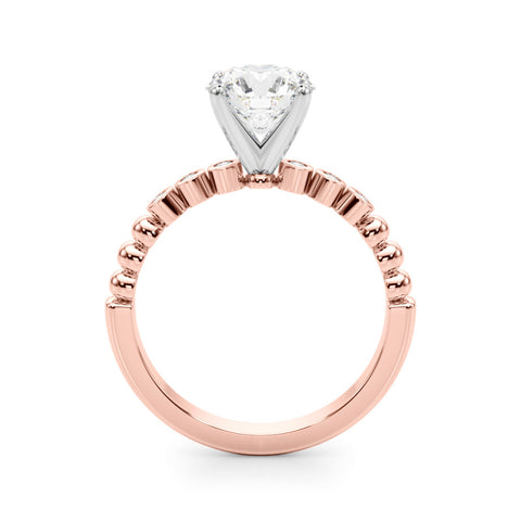 Rose gold Round Solitaire Bezel Accent Diamond Engagement Ring with Beaded Band and Four-Prong Setting