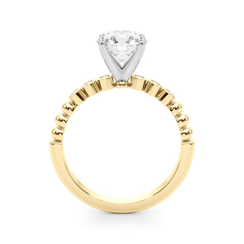 Yellow gold Round Solitaire Bezel Accent Diamond Engagement Ring with Beaded Band and Four-Prong Setting