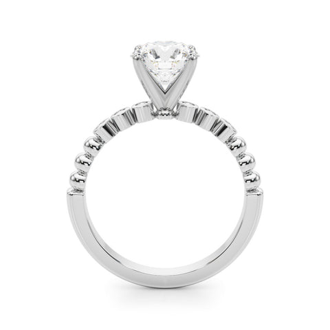 White gold Round Solitaire Bezel Accent Diamond Engagement Ring with Beaded Band and Four-Prong Setting