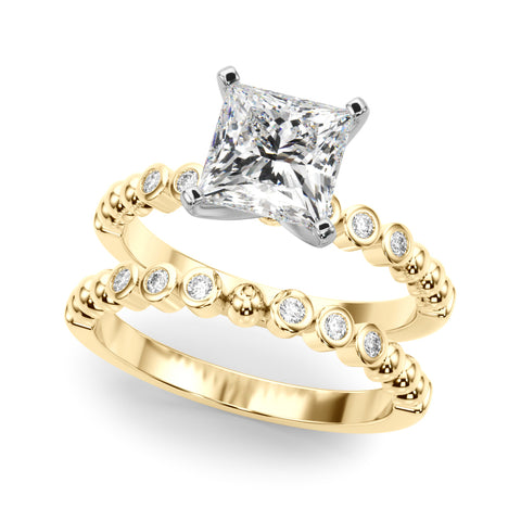 Yellow gold Princess Solitaire Bezel Accent Diamond Engagement Ring with Beaded Band and Four-Prong Setting
