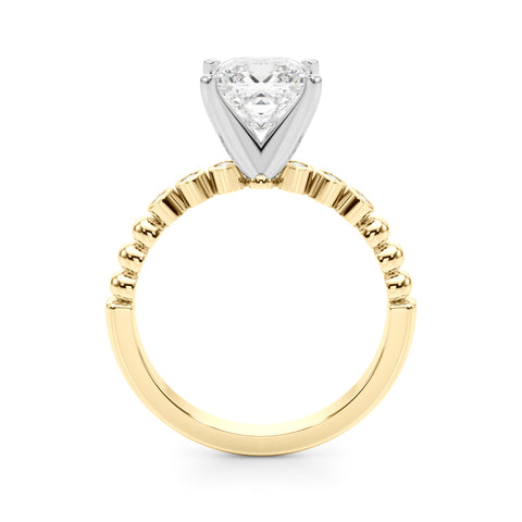 Yellow gold Princess Solitaire Bezel Accent Diamond Engagement Ring with Beaded Band and Four-Prong Setting