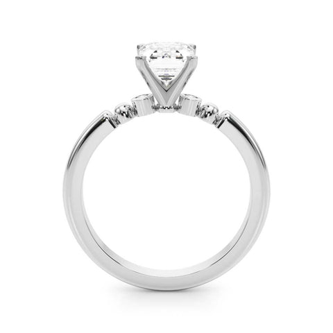 White gold Emerald Solitaire Beaded Band with Four-Prong Setting