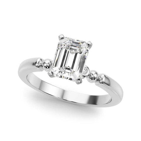 White gold Emerald Solitaire Beaded Band with Four-Prong Setting