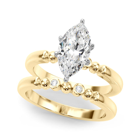 Yellow gold Marquise Solitaire Beaded Band with Four-Prong Setting
