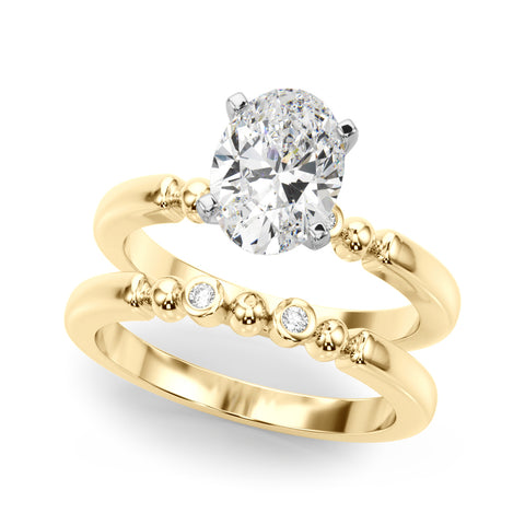 Yellow gold Oval Solitaire Beaded Band with Four-Prong Setting